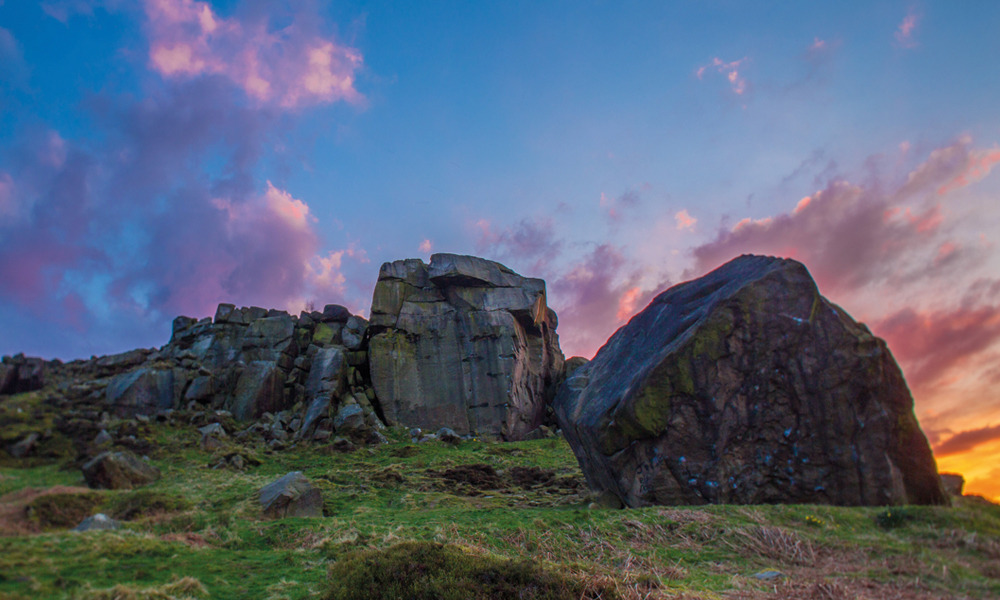 Cow and Calf rocks on Ilkley Moor in the sunset