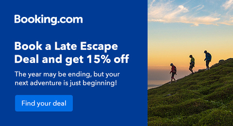 Get a late escape deal Post image 1 walking down a hill banner booking.com