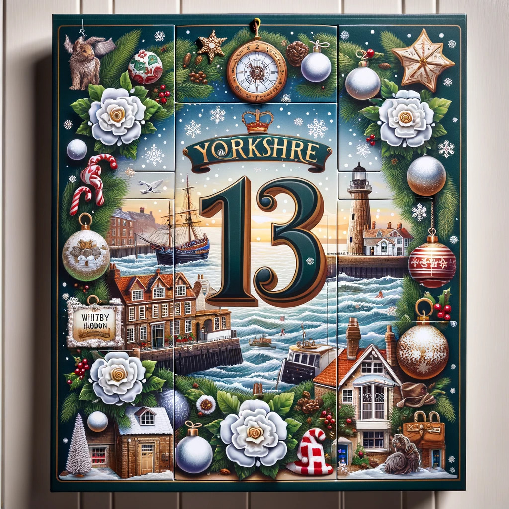 Image name An advent calendar door for number 13 featuring the number 13 as the central element surrounded by festive and Yorkshire themed decorations the 1 image from the post Advent Calendar 2023 in Yorkshire.com.