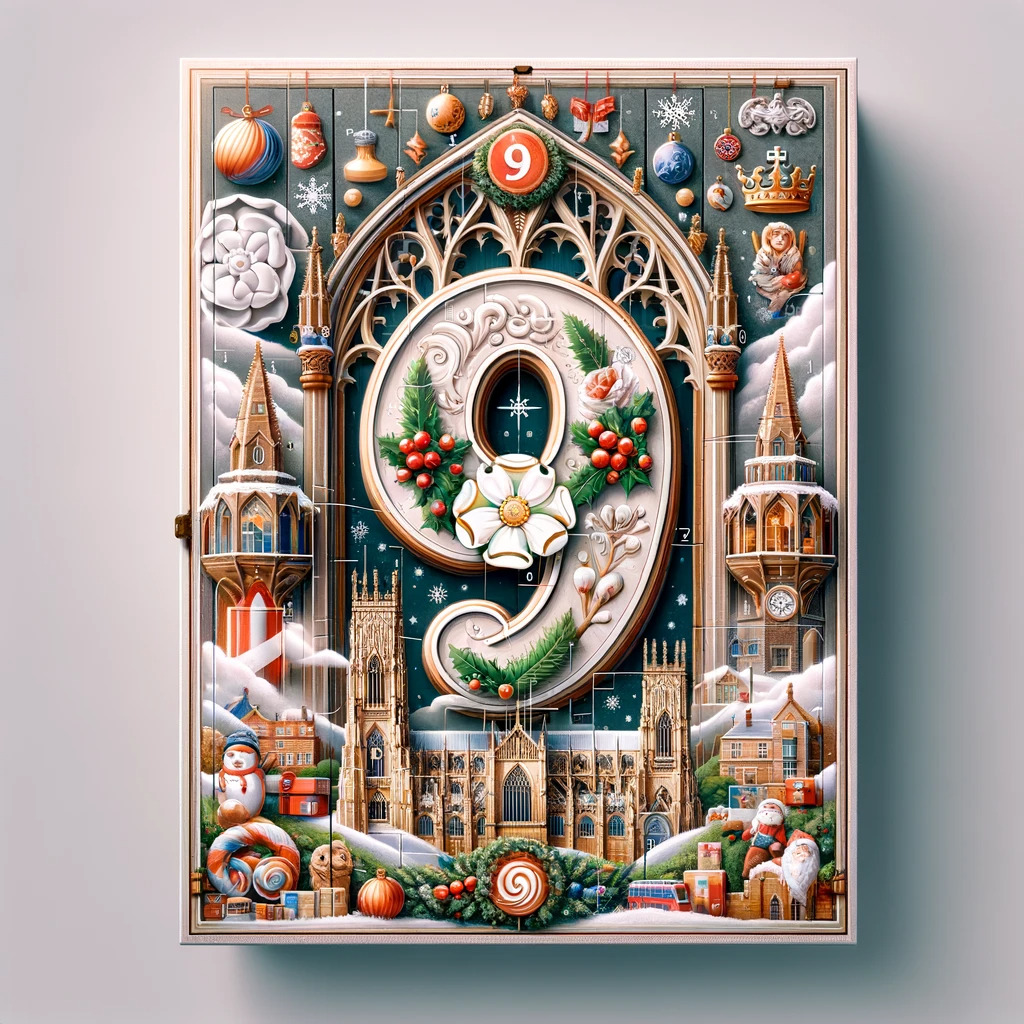 Image name DALL·E 2023 11 29 13.16.12 An advent calendar door showcasing the number 9 designed with a festive theme and elements representative of Yorkshire including York Minster. The n the 11 image from the post Advent Calendar 2023 in Yorkshire.com.