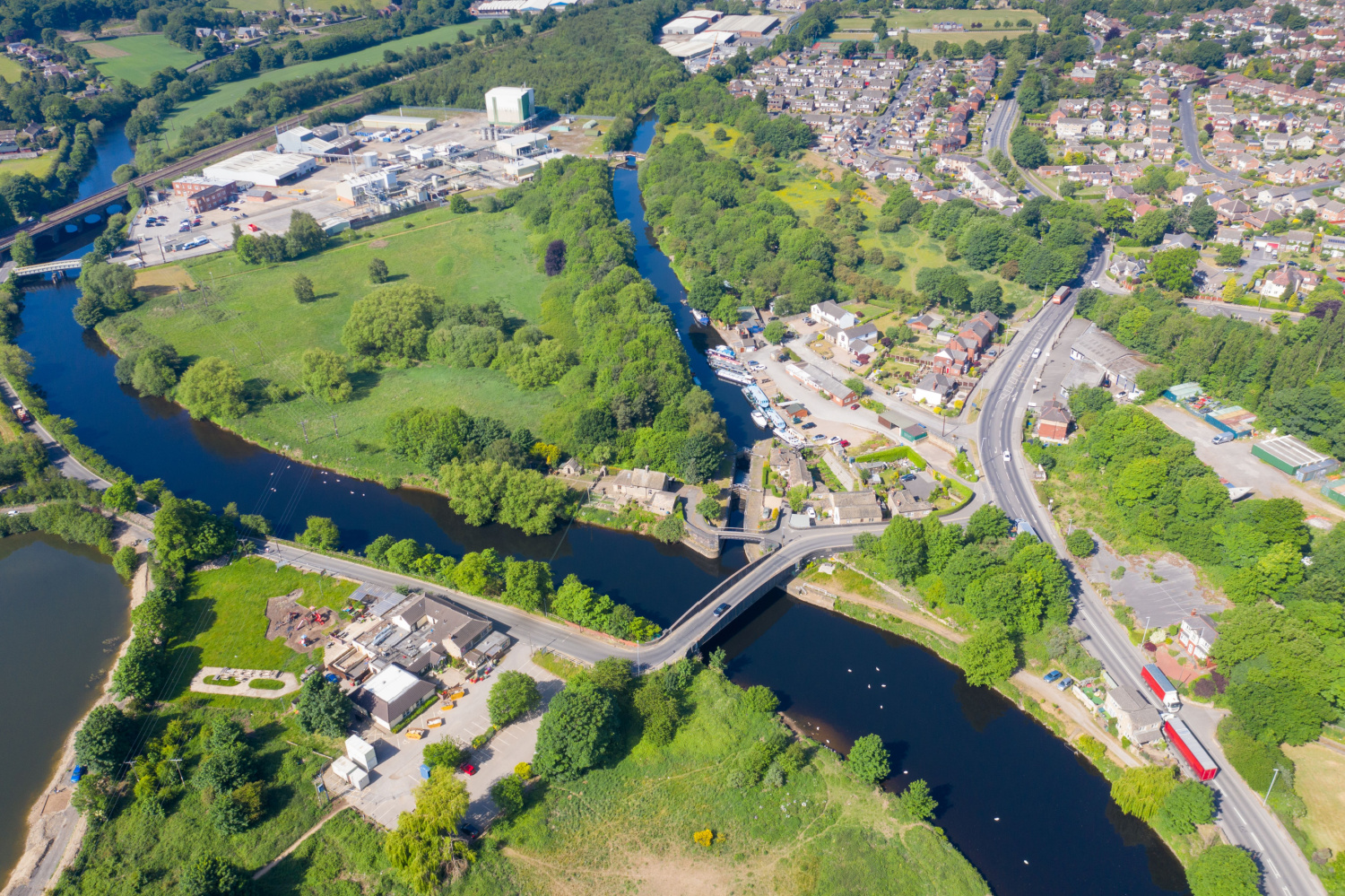 Image name aerial drone photo mirfield in kirklees west yorkshire england bridge river calder the 6 image from the post Battyeford in Yorkshire.com.