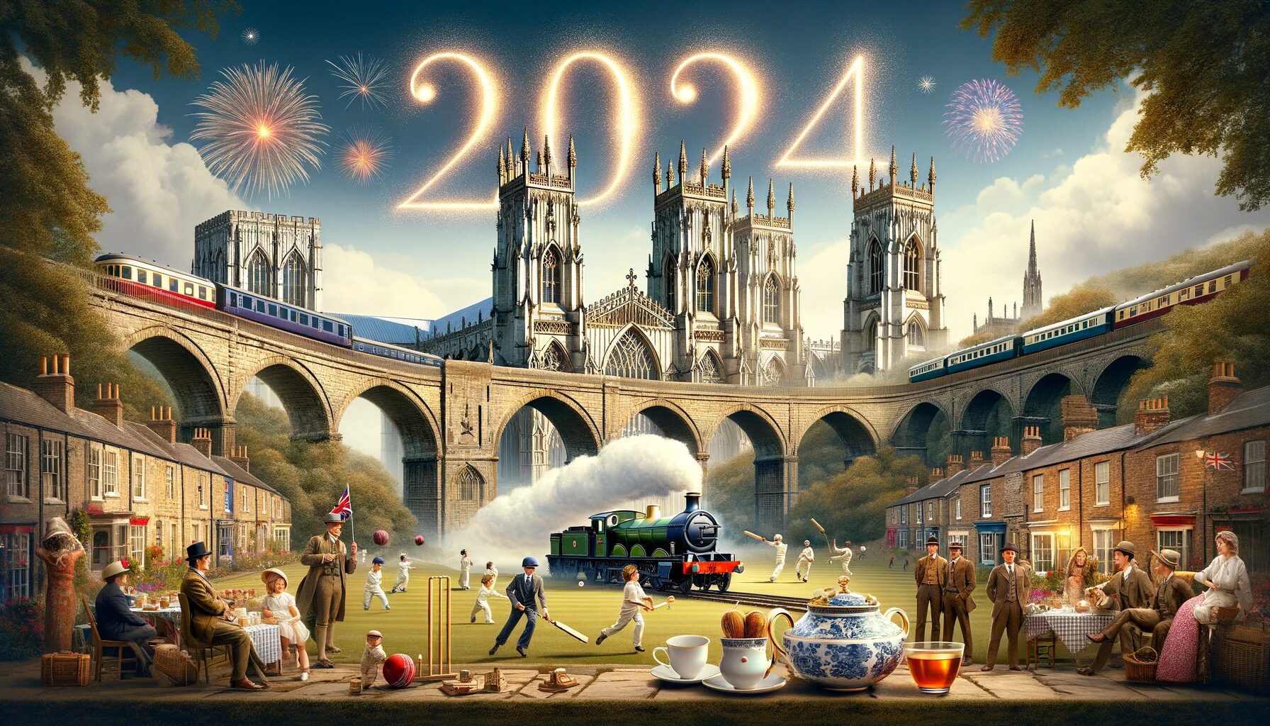 Image name DALL·E 2024 01 01 20.41.32 A wide 16 9 aspect ratio Happy New Year 2024 image combining iconic British scenes. Prominently the historic York Minster cathedral in the backgroun the 16 image from the post Happy New Year from Welcome to Yorkshire! in Yorkshire.com.