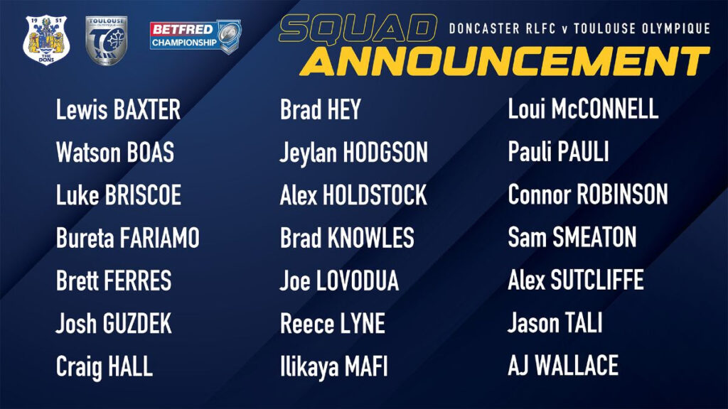 Doncaster RLFC Squad Announced for Clash Against Toulouse Olympique Post image 1 Doncaster RLFC
