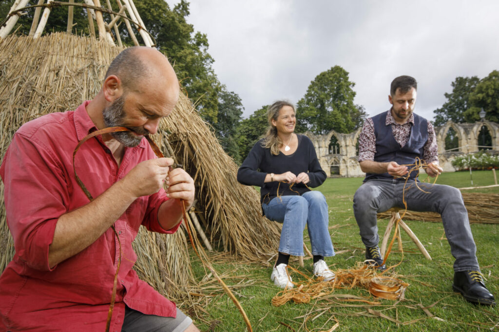 Britain's Ancient Past: Reconstructing a Mesolithic House at the Yorkshire Museum Post image 3 Image name L R Deiderik Pomstra specialist craftsman Professor Nicky Milner of University of York Dr Adam Parker of York Museums Trust the 3 image from the post Britain's Ancient Past: Reconstructing a Mesolithic House at the Yorkshire Museum in Yorkshire.com.