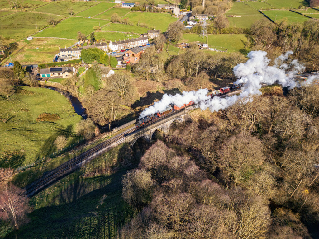 Keighley & Worth Valley Railway’s Autumn Steam-up Features Historic Cockney Locomotive No.72 'Fenchurch' Post image 1 Image name Goods Train crossing Mytholmes Viaduct the 1 image from the post Keighley & Worth Valley Railway’s Autumn Steam-up Features Historic Cockney Locomotive No.72 'Fenchurch' in Yorkshire.com.
