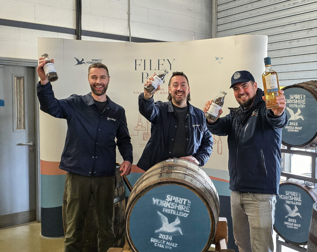 Why Try Filey Bay x Three Ridings coffee? Post image 1 L to R Jordan Cavalli and Leo Jarvis of Three Ridings Coffee and Spirit of Yorkshire Whisky Director Joe Clark