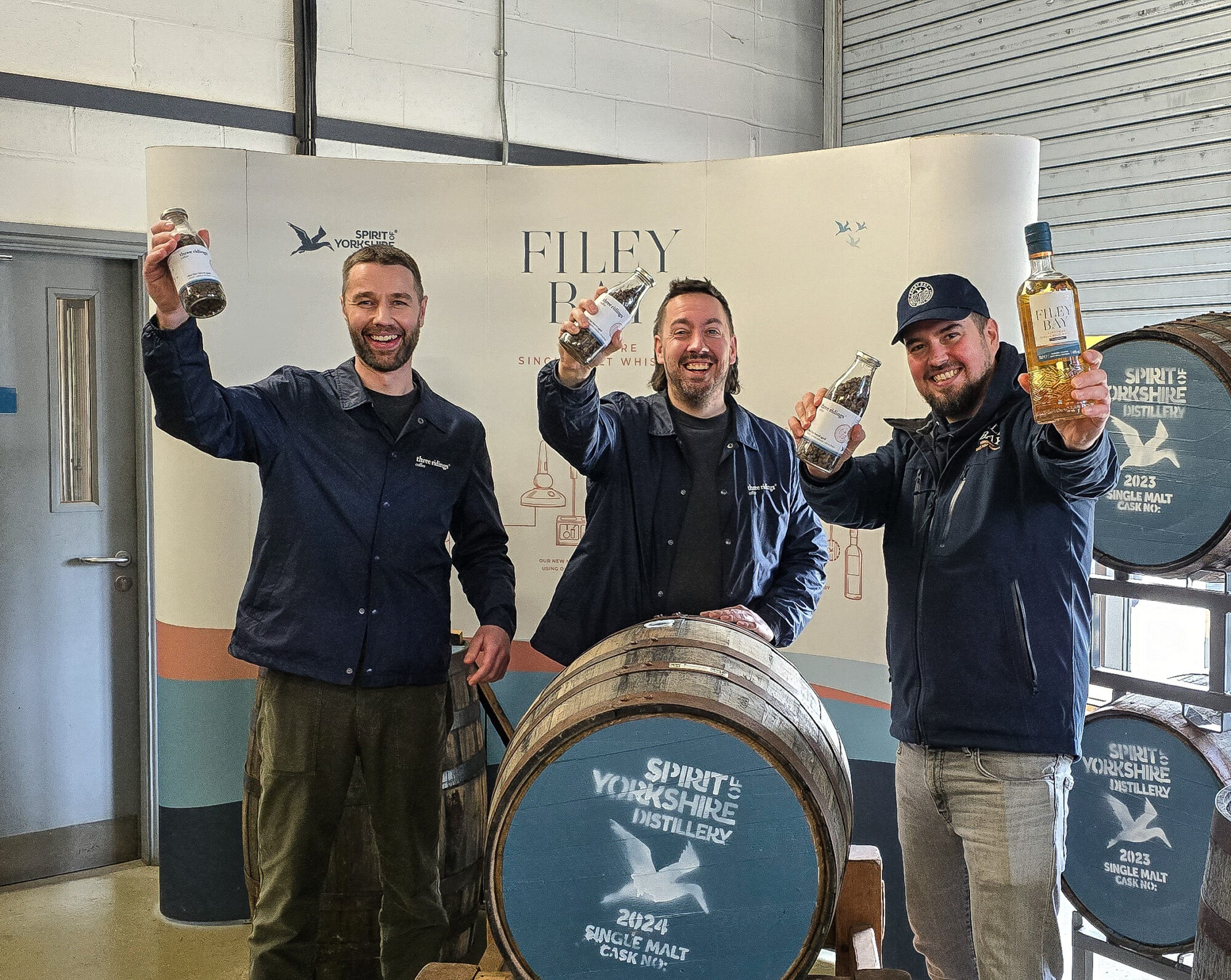 L to R Jordan Cavalli and Leo Jarvis of Three Ridings Coffee and Spirit of Yorkshire Whisky Director Joe Clark