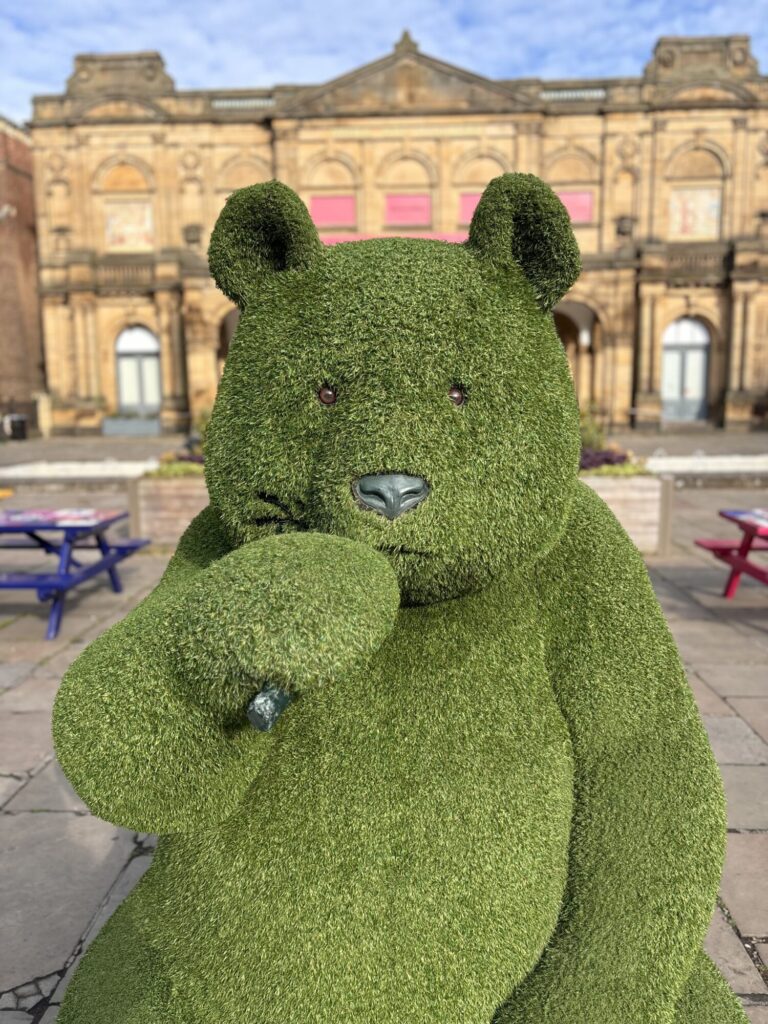 Where To Find York’s Summer Seating, Grass Animals, And Tommy Treebark's Wild Adventure Post image 3 Image name Bear front the 3 image from the post Where To Find York’s Summer Seating, Grass Animals, And Tommy Treebark's Wild Adventure in Yorkshire.com.