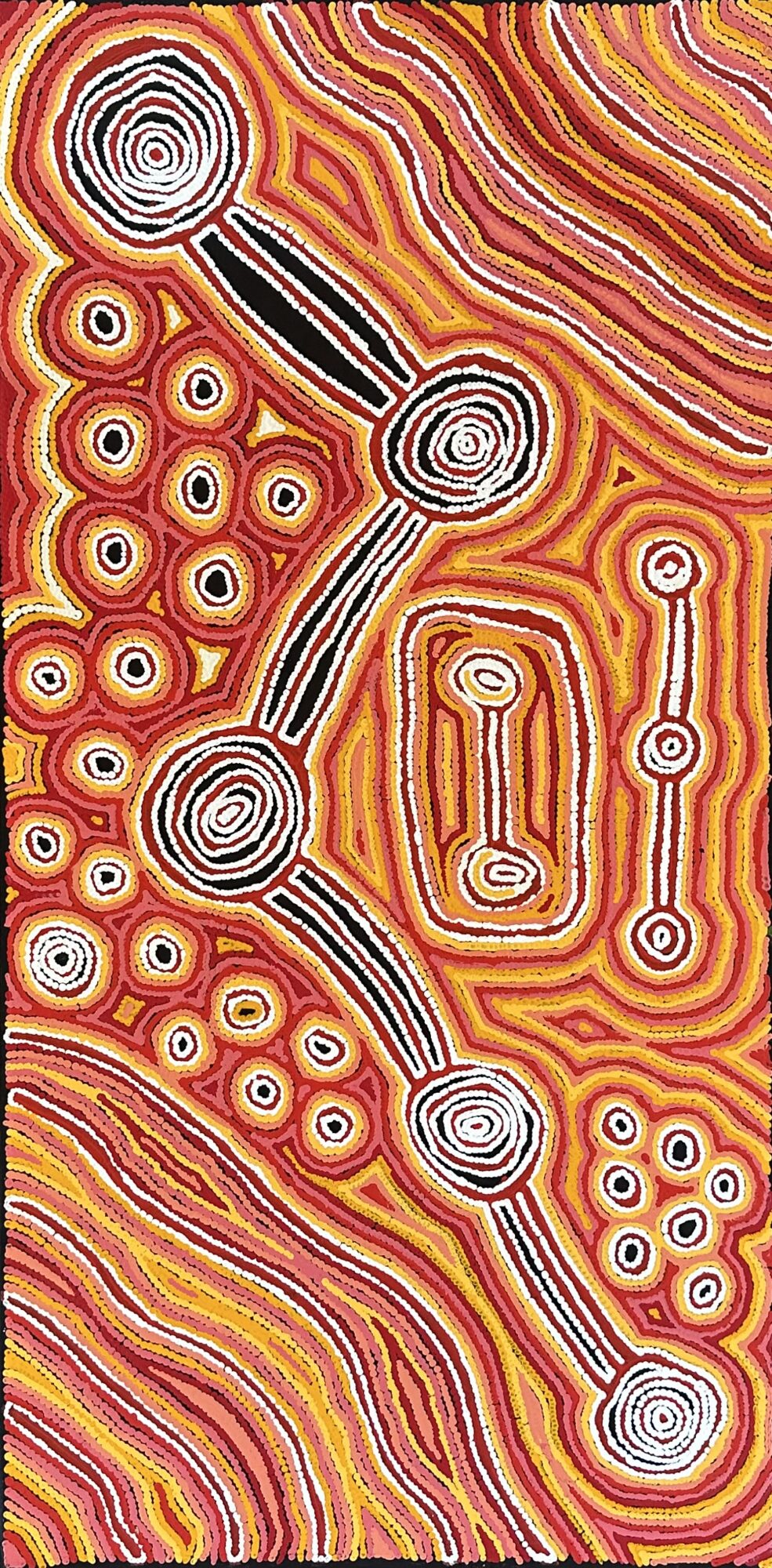 Image name Antonia Napangardi Lappi Lappi Jukurrpa Lappi 2025 acrylic on canvas 122 x 61 cm the 9 image from the post What Is The Warlpiri Revisions Exhibition At Whitby Museum And Pannett Art Gallery? in Yorkshire.com.