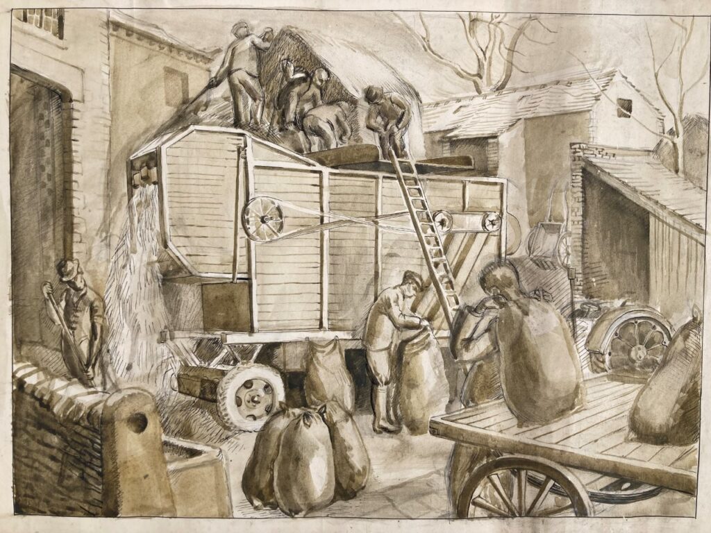 Where to See Art by Three Generations of Women Artists in North Yorkshire? Post image 8 Image name Threshing an ink wash on paper by Philippa Holmes on exhibition at The Folly in Settle the 8 image from the post Where to See Art by Three Generations of Women Artists in North Yorkshire? in Yorkshire.com.