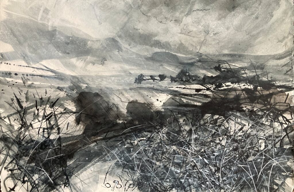 Where to See Art by Three Generations of Women Artists in North Yorkshire? Post image 10 Image name Windy weather clouds moving over fields and fell by Katharine Holmes the 10 image from the post Where to See Art by Three Generations of Women Artists in North Yorkshire? in Yorkshire.com.