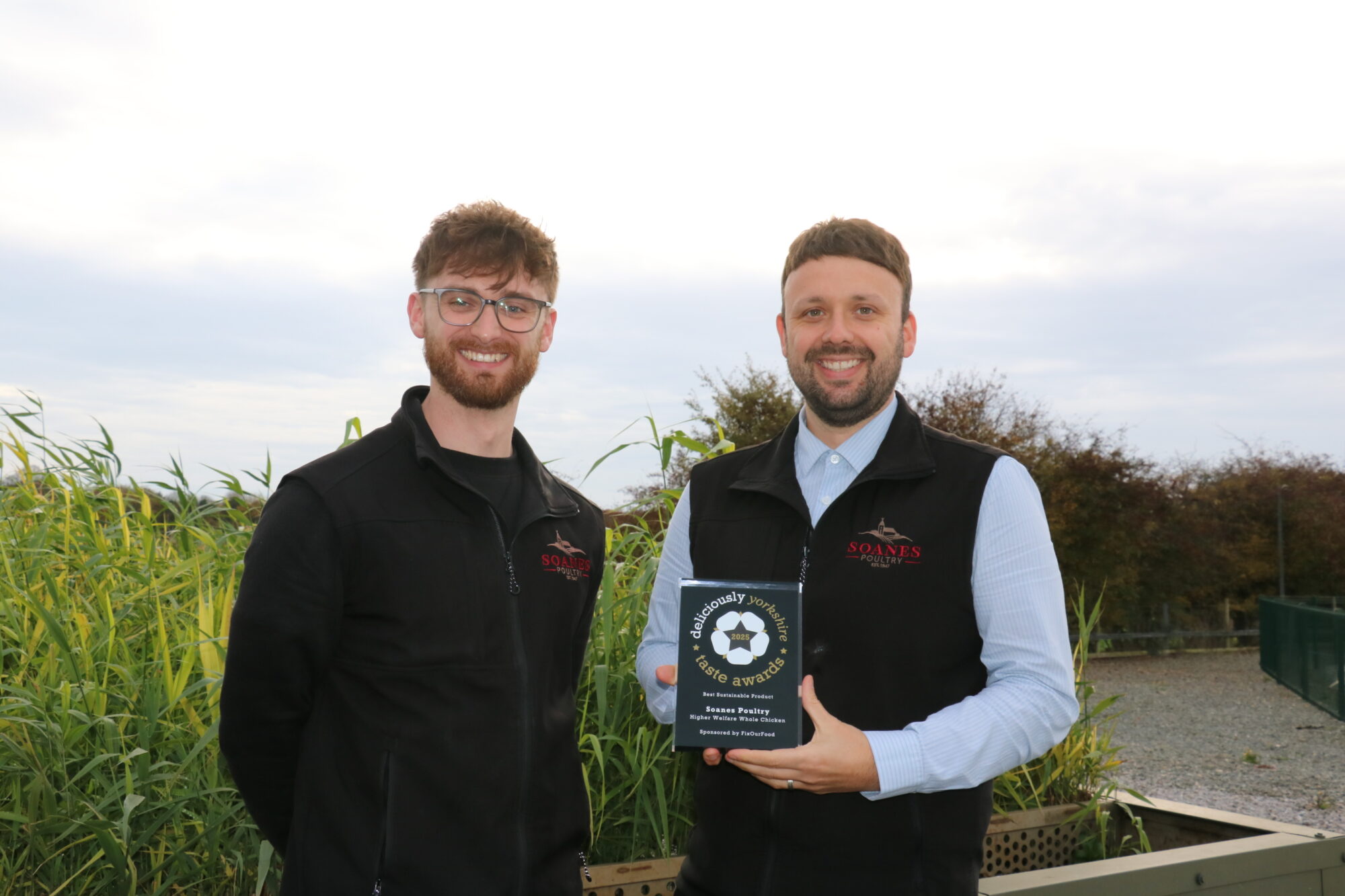 Image name 061125 Robert Laird and Ben Lee with the dy award for Sustainable Chicken the 14 image from the post What Yorkshire Poultry Business Won A Prestigious Sustainability Award? in Yorkshire.com.