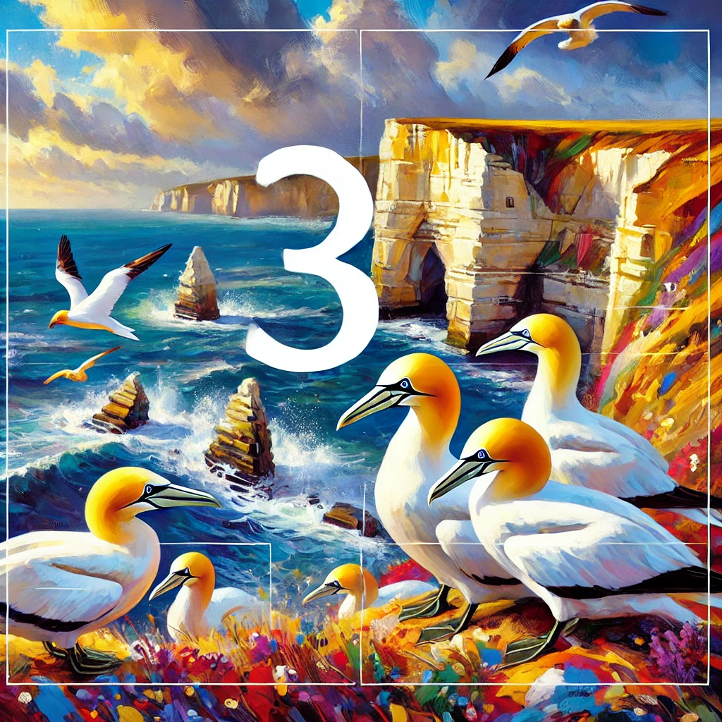 Advent Calendar 2025 Post image 16 Image name DALL·E 2025 11 28 09.56.30 A colorful digital painting in a modern expressive landscape style featuring gannets on a Yorkshire cliffside. The scene shows large white seabirds w the 16 image from the post Advent Calendar 2025 in Yorkshire.com.