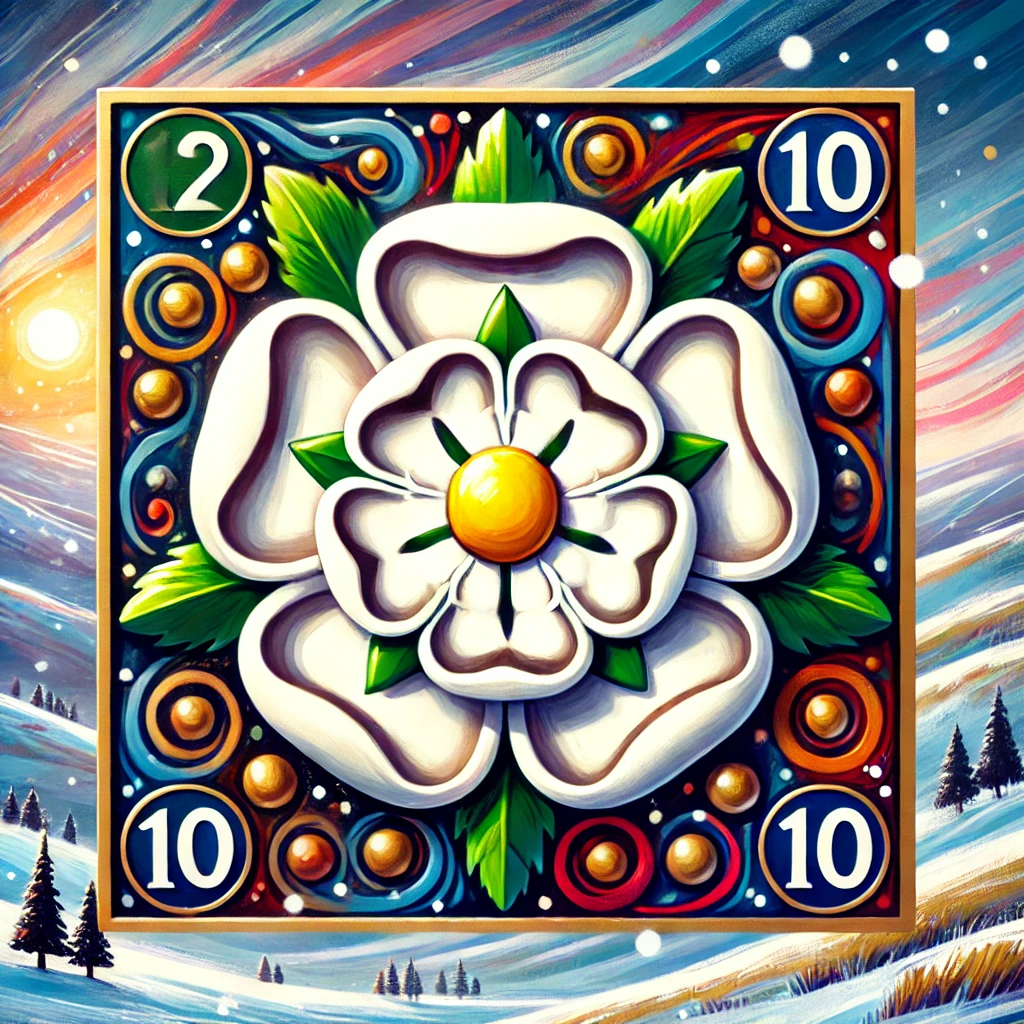 Advent Calendar 2025 Post image 15 Image name DALL·E 2025 11 28 10.11.01 A colorful digital painting in a modern expressive style featuring a stylized white rose emblem inspired by the traditional White Rose of Yorkshire. the 15 image from the post Advent Calendar 2025 in Yorkshire.com.