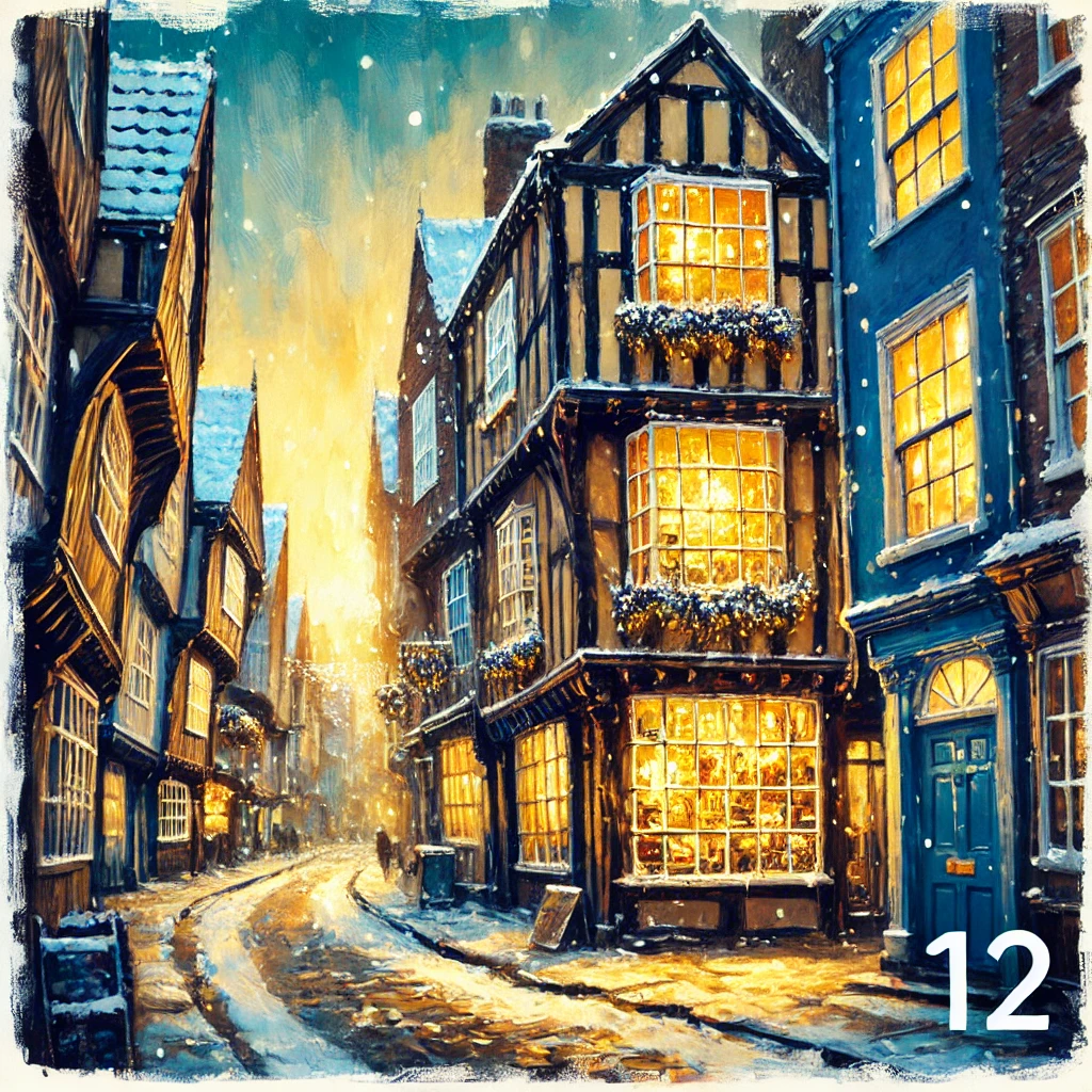 Image name DALL·E 2025 11 28 10.12.37 A colorful digital painting in a modern expressive style featuring The Shambles in York during winter. The narrow historic street is shown with over the 13 image from the post Day 12 – Christmas 2025 in Yorkshire.com.