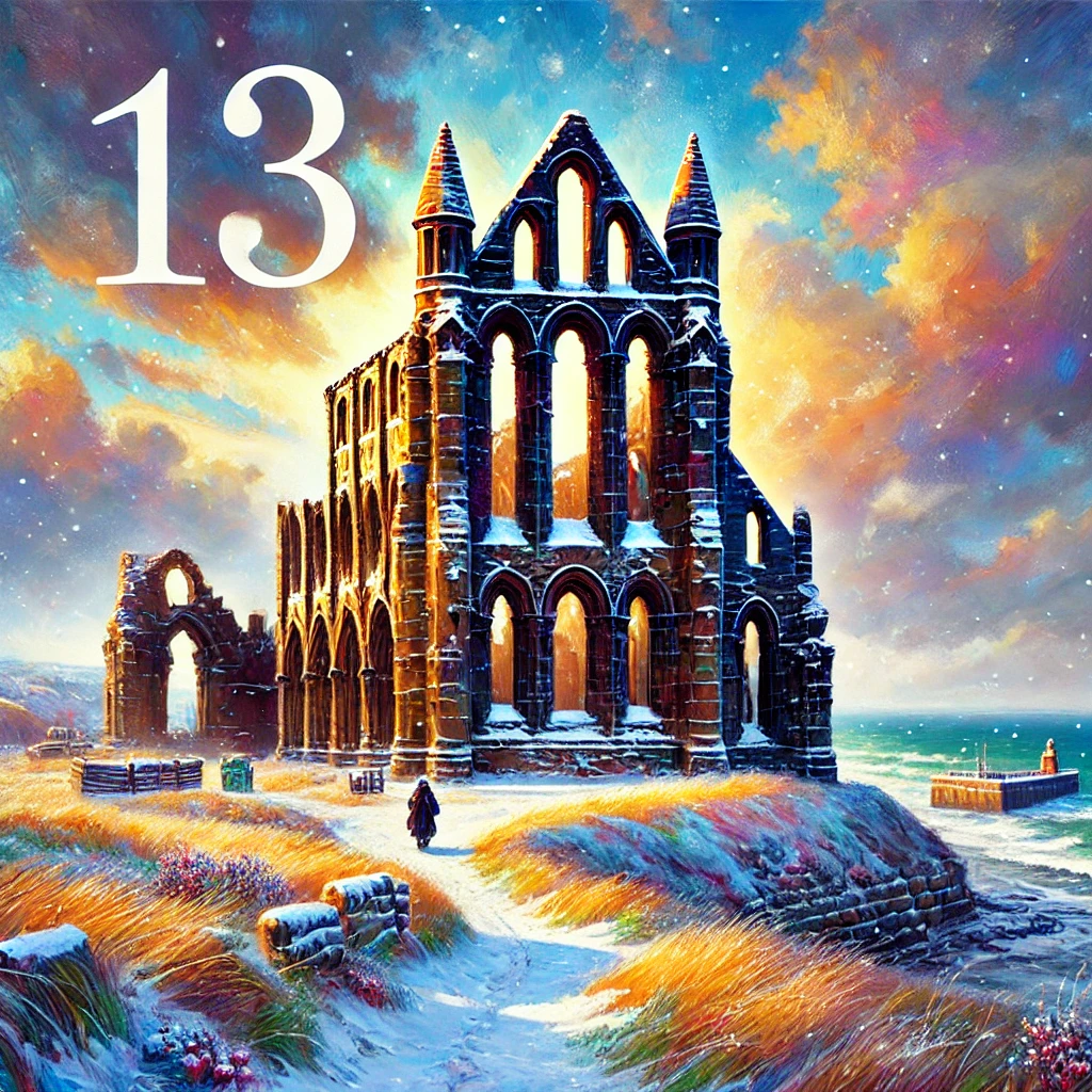 Advent Calendar 2025 Post image 12 Image name DALL·E 2025 11 28 10.13.05 A colorful digital painting in a modern expressive style featuring Whitby Abbey in Yorkshire during winter. The ruins of the Gothic abbey stand tall the 12 image from the post Advent Calendar 2025 in Yorkshire.com.