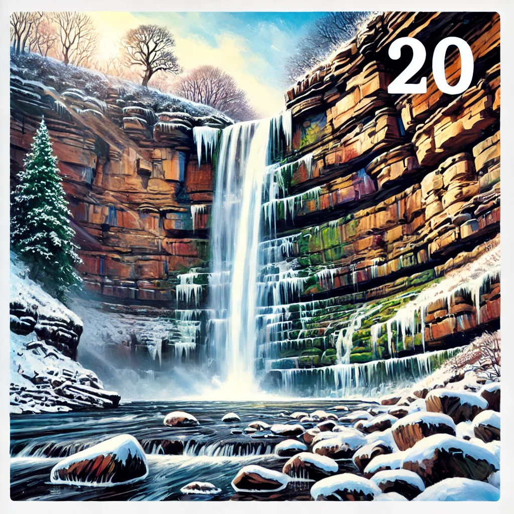 Advent Calendar 2025 Post image 4 Image name DALL·E 2025 11 28 10.34.39 A colorful digital painting in a modern expressive style accurately depicting Hardraw Force waterfall in Yorkshire during winter. The tall single dr the 4 image from the post Advent Calendar 2025 in Yorkshire.com.